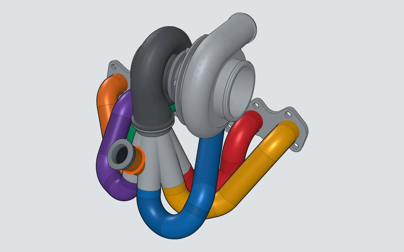 A generated six-runner turbo manifold on a 2JZ head flange with a top-mount turbo and wastegate